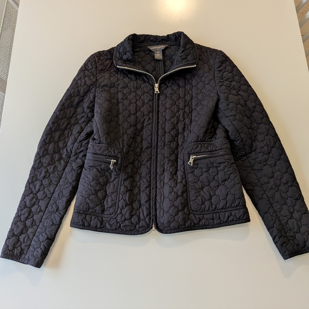 Banana Republic Black Quilted Full Zip‎ Mock Neck Jacket XS Floral Stitch Puffer